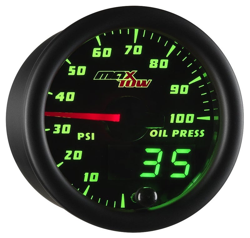 MaxTow Double Vision 100 PSI Oil Pressure Gauge Kit - Includes Electronic Sensor - Black Gauge Face - Green LED Illuminated Dial - Analog & Digital Readouts - for Trucks - 2-1/16" 52mm - Image 1